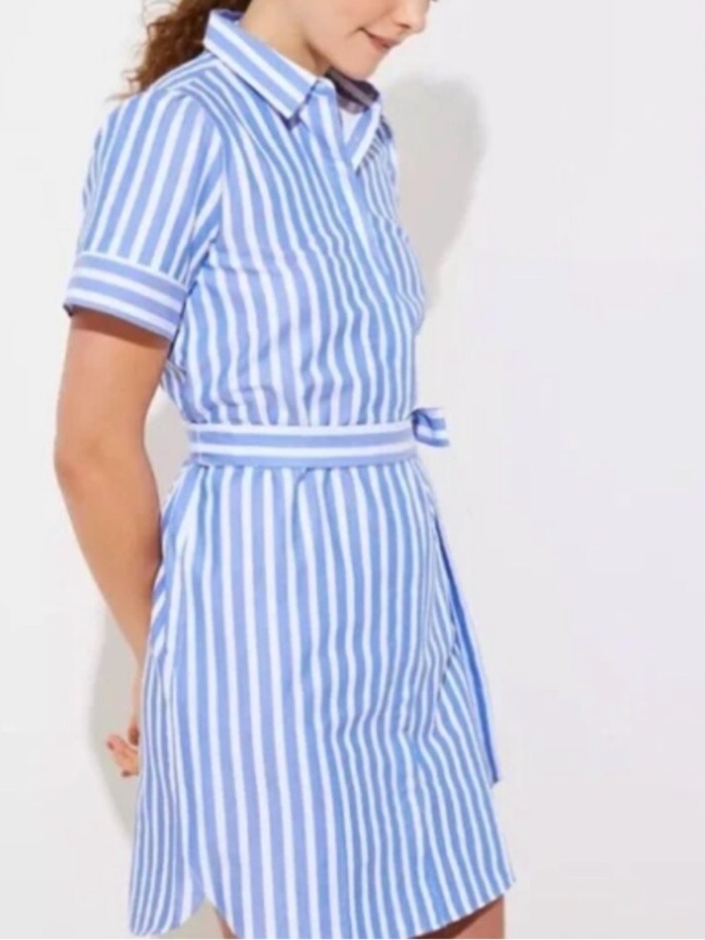 LOFT Blue and White Vertical Striped belted Shirt Dress size XS